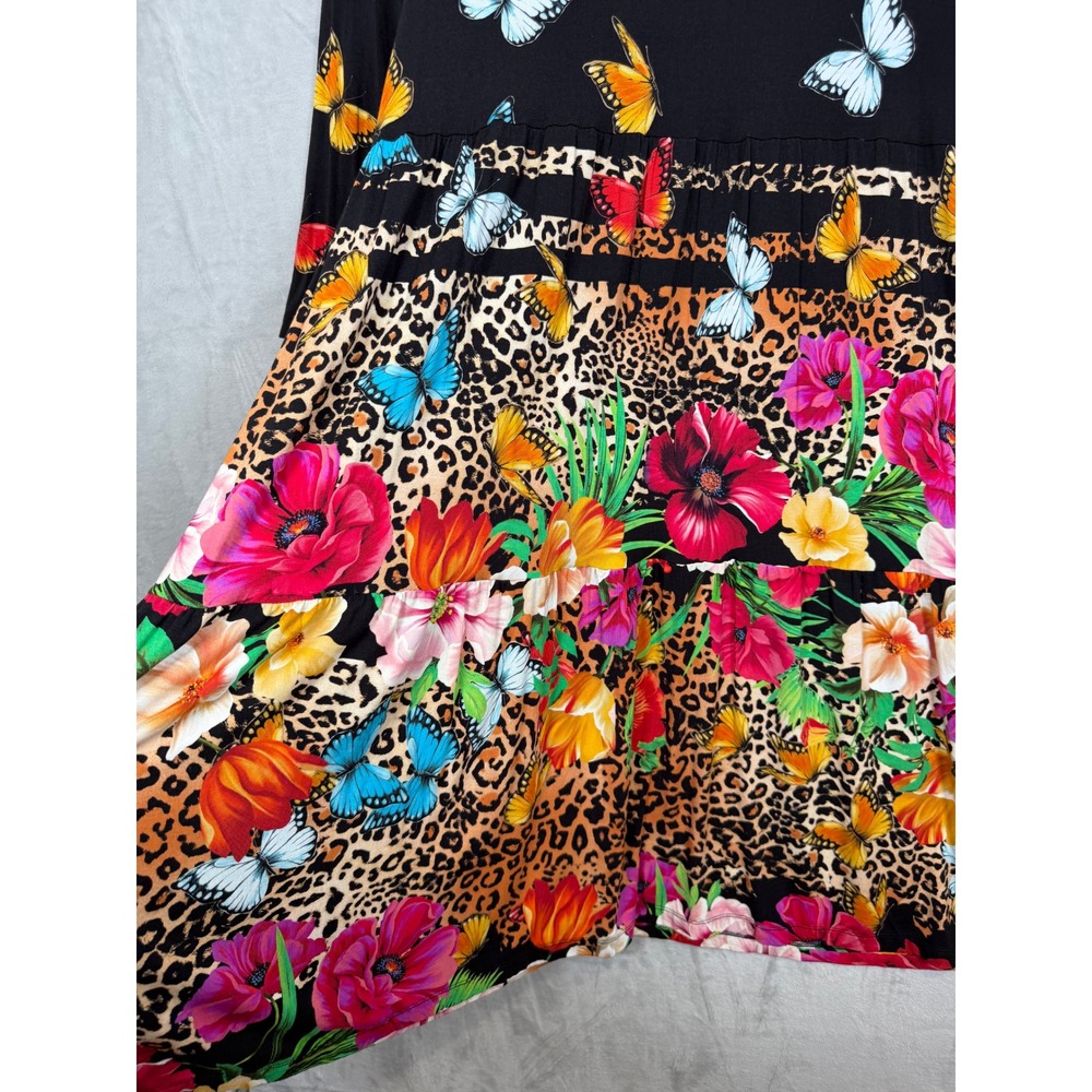 New Johnny Was Sandra 3/4 Sleeve Tiered Dress XL Black Butterfly Floral Leopard - Picture 9 of 13